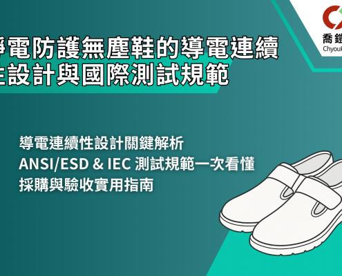 靜電防護無塵鞋的導電連續性設計與國際測試規範」文章主視覺,摘要導電連續性設計關鍵解析、ANSI/ESD & IEC 測試規範重點,以及採購與驗收實用指南,搭配鞋款插圖與品牌識別。