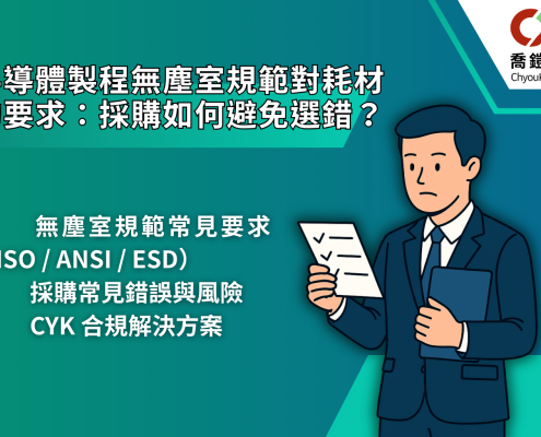 半導體製程無塵室規範對耗材採購要求的封面設計圖片,左側以大標題強調如何避免選錯耗材,右側插圖為一位採購人員手持清單與資料夾,象徵專業審視與決策,並搭配 CYK 喬鎧集團 Logo,突顯品牌解決方案。