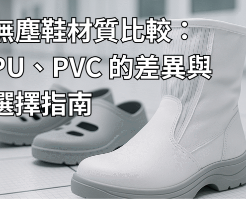 PU 與 PVC 無塵鞋擺放於潔淨室環境中的產品展示圖，作為無塵鞋材質比較與選擇指南的文章封面。