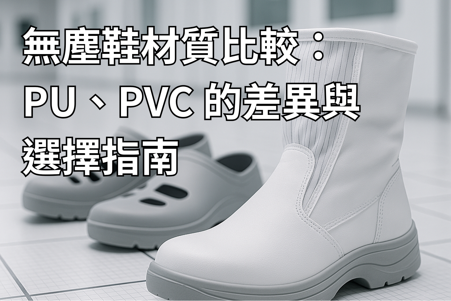 PU 與 PVC 無塵鞋擺放於潔淨室環境中的產品展示圖，作為無塵鞋材質比較與選擇指南的文章封面。