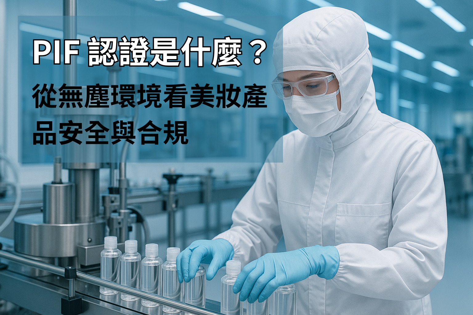 CYK 無塵防護系統協助美妝代工廠符合歐盟 PIF 認證要求，圖中操作員於潔淨室中進行化妝品灌裝作業。