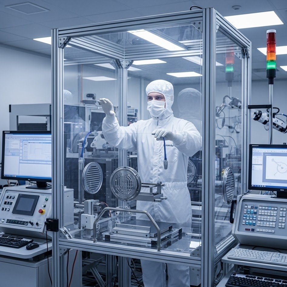 技術人員進行 IEST-RP-CC003.4 Body Box 動態發塵測試，驗證無塵服系統在活動狀態下的微粒攔截效率。