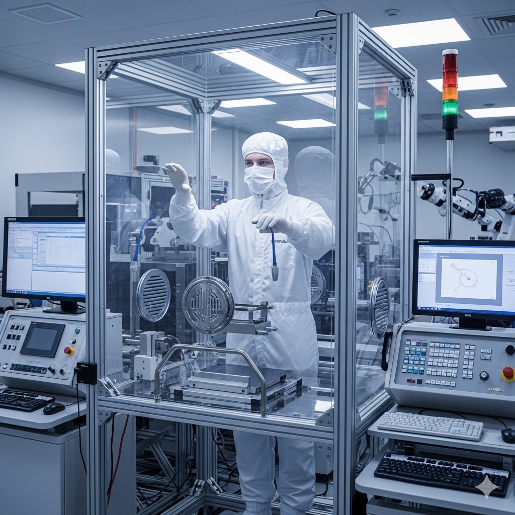 iest-rp-cc003-4-body-box-dynamic-test-cleanroom-ppe 技術人員進行 IEST-RP-CC003.4 Body Box 動態發塵測試,驗證無塵服系統在活動狀態下的微粒攔截效率。