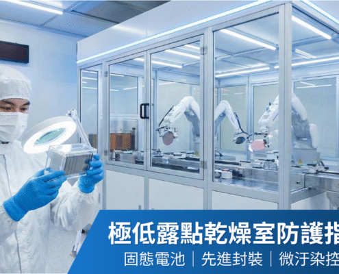 工程師在極低露點乾燥室內執行精密組件檢查。此作業全程穿戴 Class 100 級無塵手套與防護服。背景呈現了自動化生產設備在低濕度環境下的量產狀態。企業藉此傳達專業微汙染控制的標準。