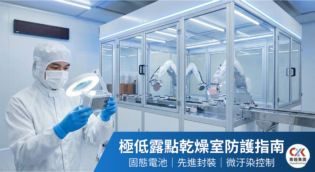 極低露點乾燥室內部作業示意圖，工程師穿戴抗靜電無塵防護裝備