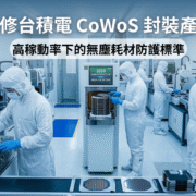 圖片展示半導體先進封裝產線處於高稼動率狀態。無塵室工程師穿戴全套 ANSI 高階無塵服與抗靜電手套執行精密機台保養。相關防護耗材皆依照 ANSI/ESD S20.20 靜電防護標準製作。企業以此防範極限運轉下的微粒與靜電汙染。產線藉此確保 CoWoS 晶片的最終生產良率。