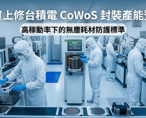 圖片展示半導體先進封裝產線處於高稼動率狀態。無塵室工程師穿戴全套 ANSI 高階無塵服與抗靜電手套執行精密機台保養。相關防護耗材皆依照 ANSI/ESD S20.20 靜電防護標準製作。企業以此防範極限運轉下的微粒與靜電汙染。產線藉此確保 CoWoS 晶片的最終生產良率。