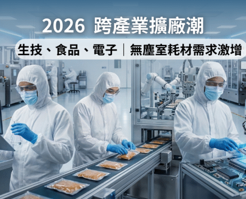 圖片呈現生技、食品與電子產業的現代化無塵室自動化產線。作業人員全程穿戴高規格無塵服與防護手套執行生產檢驗。企業導入半導體等級的防護耗材。產線藉此建立跨領域的微汙染控制標準。廠務單位以此確保擴廠期間的環境合規性。
