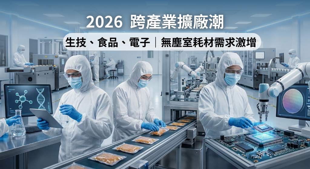 無塵室自動化產線與工程師檢驗作業，象徵電子、生技與食品產業的潔淨環境擴建潮