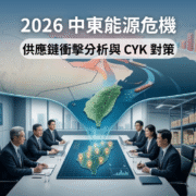 圖片上方展示中東至台灣的能源海運航線與鄧白氏數據分析圖表。畫面下方呈現 CYK 喬鎧興業高層正召開跨部門供應鏈防禦戰略會議。團隊透過數位地圖全面盤點台灣本地的化學原物料供應節點。會議室右側緊鄰堆滿無塵手套與無塵衣的安全倉儲。企業以此展現轉向內需市場與確保廠務端客戶不斷料的在地固料決策。